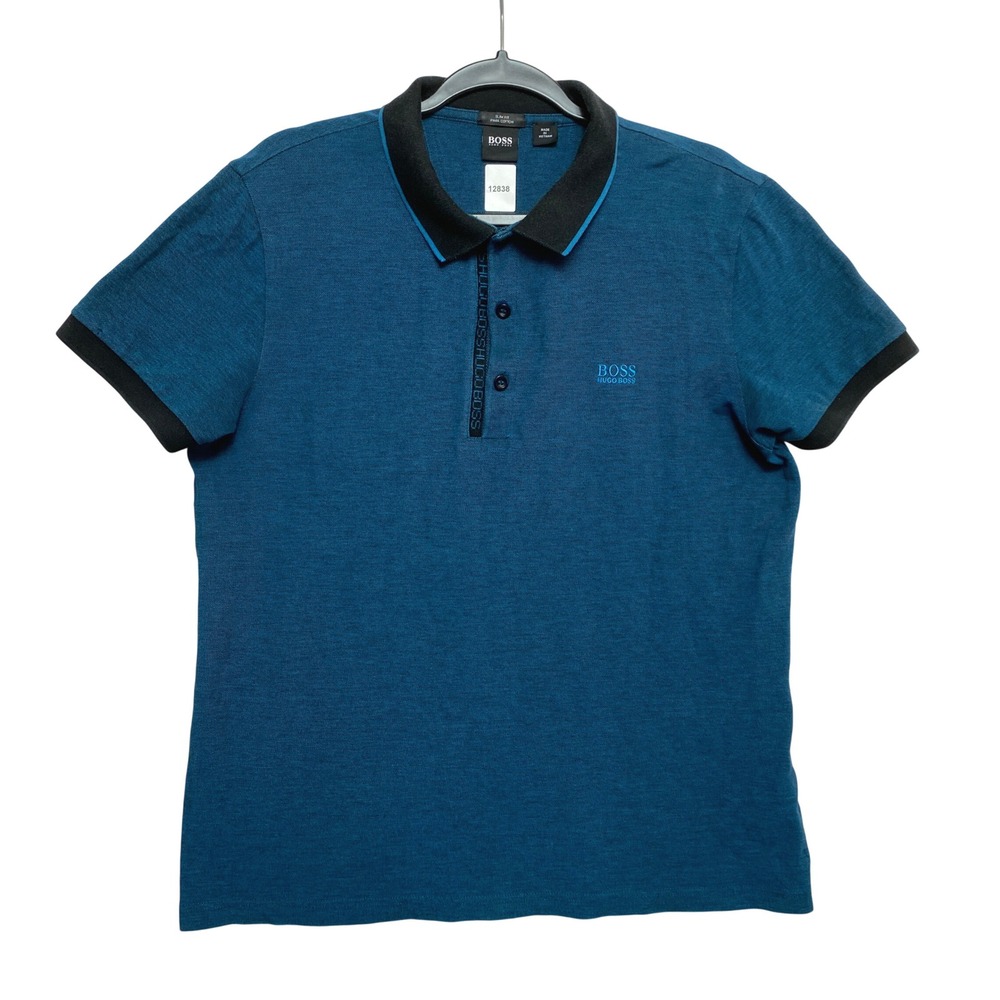 Hugo Boss Polo Shirt Mens XL Blue Slim Fit Pima Cotton Contrast Trim Logo